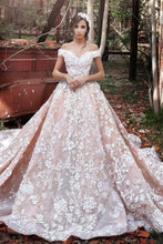 Load image into Gallery viewer, 2023 A-Line Off the Shoulder Ball Gown Court Train Tulle Appliques Wedding SRS10064