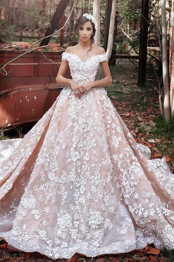 2023 A-Line Off the Shoulder Ball Gown Court Train Tulle Appliques Wedding SRS10064