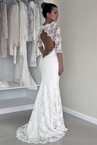 2024 Long Sleeve Lace Open Back Mermaid Long Custom Affordable Wedding Dresses RS348