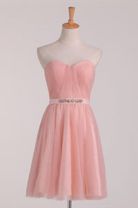 2024 Bridesmaid Dresses Sweetheart Tulle With Beads And Ruffles Short/Mini