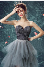 Load image into Gallery viewer, Elegant High Low Strapless Sweetheart Feathers Tulle Gray Prom Dresses with Lace SRS15643