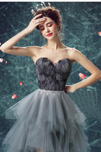Elegant High Low Strapless Sweetheart Feathers Tulle Gray Prom Dresses with Lace SRS15643