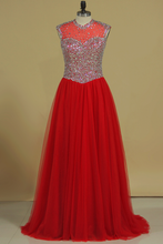 Load image into Gallery viewer, 2024 V Neck Beaded Bodice Tulle Prom Dresses A Line Sweep Train