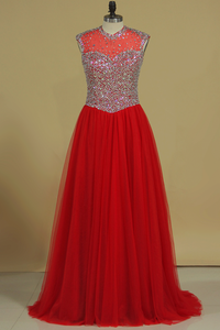 2024 V Neck Beaded Bodice Tulle Prom Dresses A Line Sweep Train