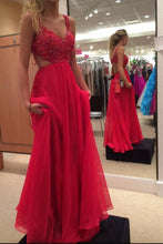 Load image into Gallery viewer, Beautiful Long Flowy Chiffon Lace Beading Red Prom Dresses For Teens