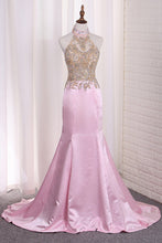 Load image into Gallery viewer, 2024 Prom Dresses Mermaid See-Through Halter Beaded Bodice Satin