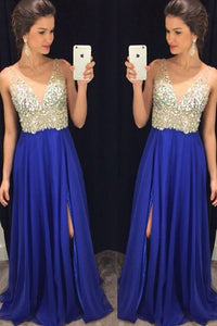 2024 V Neck Prom Dresses A Line Chiffon With Beads And Slit
