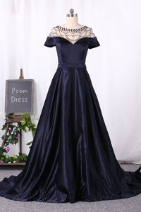 2024 A Line Prom Dresses Scoop Short Sleeves Satin With Beading