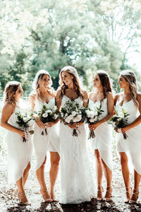A Line Spaghetti Straps V Neck White Bridesmaid Dresses with Tea Length, Prom Dresses SRS15495