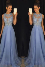 Load image into Gallery viewer, A-Line/Princess Scoop Chiffon Prom Dress With Applique Sweep/Brush Train