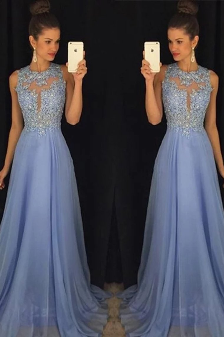 A-Line/Princess Scoop Chiffon Prom Dress With Applique Sweep/Brush Train