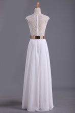Load image into Gallery viewer, 2024 White V Neck Beaded Bodice Prom Dresses A Line Chiffon With Sash And Slit