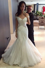 Load image into Gallery viewer, 2024 Popular Off The Shoulder Mermaid/Trumpet Wedding Dresses With Ruffles Lace Up