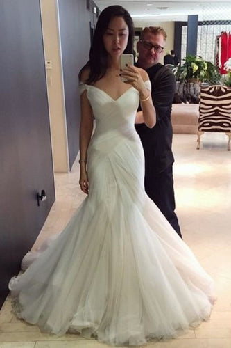 2023 Popular Off The Shoulder Mermaid/Trumpet Wedding Dresses With Ruffles Lace Up
