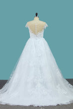 Load image into Gallery viewer, 2024 A Line Lace Cap Sleeve Scoop Wedding Dresses With Beads Court Train