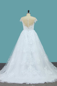 2024 A Line Lace Cap Sleeve Scoop Wedding Dresses With Beads Court Train