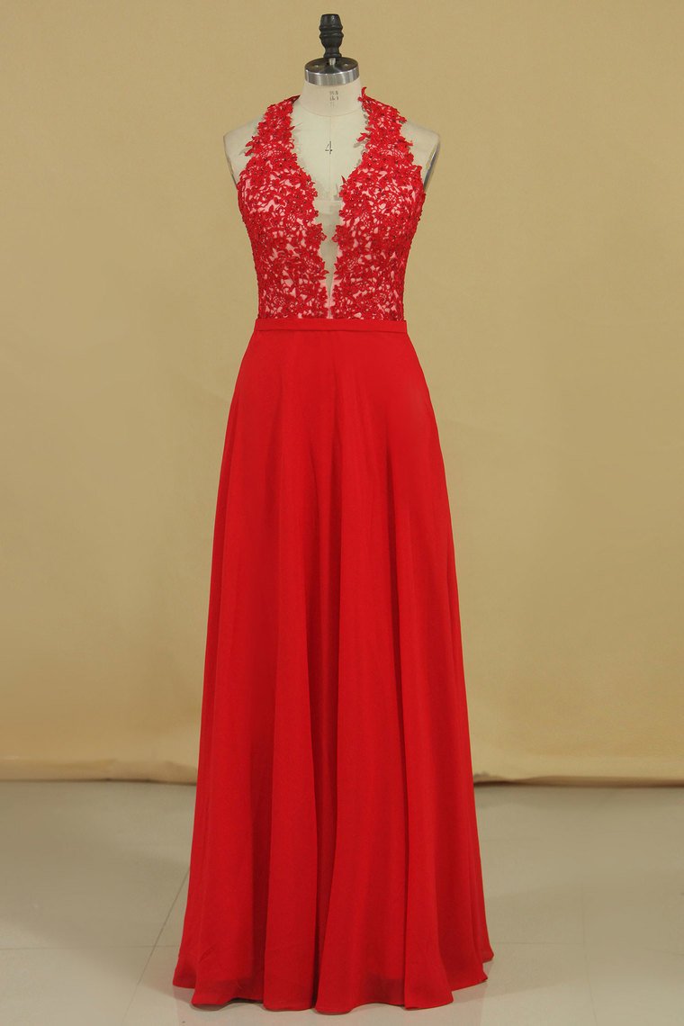 2023 New Arrival V Neck Prom Dresses A Line Chiffon With Applique And Beads Floor Length