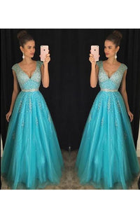 2024 A Line V Neck With Beading Prom Dresses Floor Length Tulle