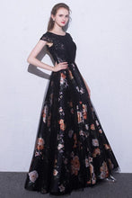 Load image into Gallery viewer, 2024 Black Prom Dresses Scoop A-Line Floral Print Sexy Long Lace Prom Dress