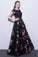 2024 Black Prom Dresses Scoop A-Line Floral Print Sexy Long Lace Prom Dress