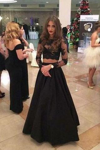 Elegant Two Piece A-line Lace Long Sleeves Black Prom Dresses RS857