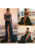 Load image into Gallery viewer, 2024 A Line Off The Shoulder Prom Dresses Stretch Satin With Applique And Slit