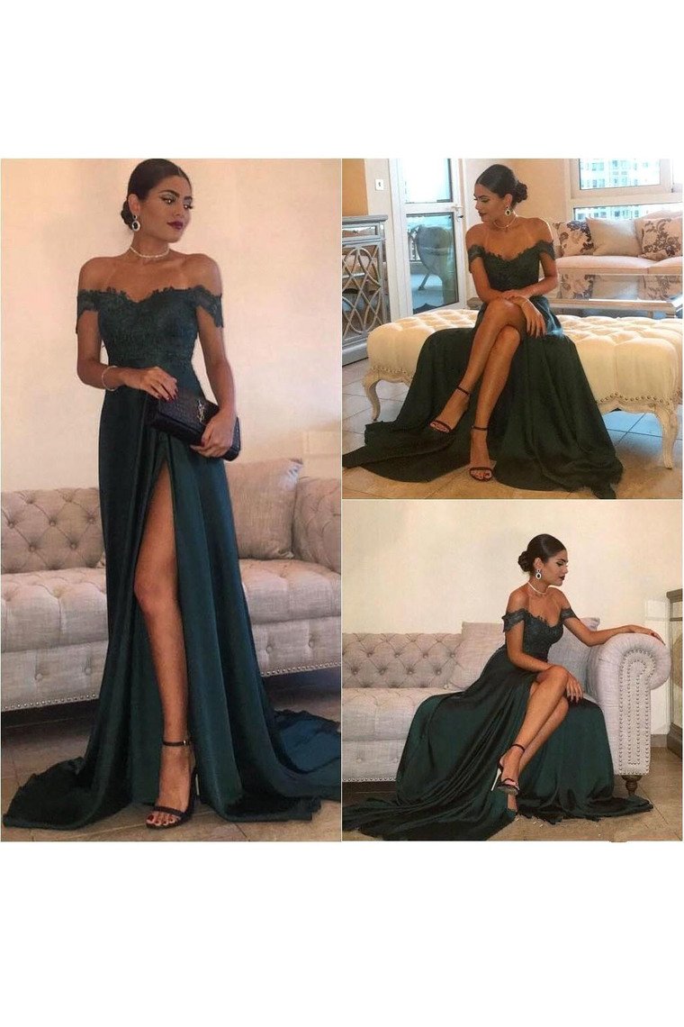 2024 A Line Off The Shoulder Prom Dresses Stretch Satin With Applique And Slit
