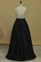 Load image into Gallery viewer, 2024 Sexy Open Back A Line Halter Prom Dresses Satin With Beading