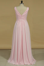 Load image into Gallery viewer, 2024 A Line Bridesmaid Dresses V Neck Beaded Bodice Chiffon Floor Length