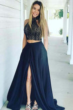 Load image into Gallery viewer, Modeatm Halter Navy Blue Long 2 Pieces Lace Prom Dresses For Teens