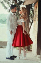 Load image into Gallery viewer, Two Piece Red Satin Lace Off-the-shoulder White Short Sleeve Tea-Length Party Dresses RS59