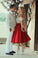 Two Piece Red Satin Lace Off-the-shoulder White Short Sleeve Tea-Length Party Dresses RS59