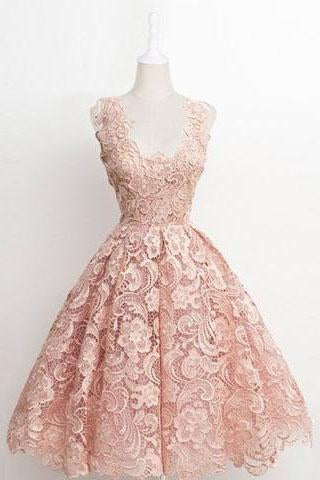 Vintage A-line Scalloped-Edge Knee-Length Lace Light Pink Prom Homecoming Dress RS874