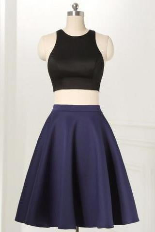 Straight Two Piece Jewel Sleeveless Knee-Length Black Homecoming Dresses RS475