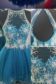 Modern Jewel Short Open Back Blue Homecoming Dress with Beading RS452
