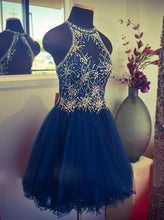 Load image into Gallery viewer, Modern Jewel Short Open Back Blue Homecoming Dress with Beading RS452