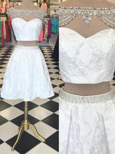 Load image into Gallery viewer, Trendy Two Piece Bateau Cap Sleeves Short White Homecoming Dress Beading Lace RS454