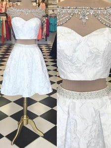 Trendy Two Piece Bateau Cap Sleeves Short White Homecoming Dress Beading Lace RS454