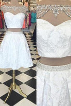 Load image into Gallery viewer, Trendy Two Piece Bateau Cap Sleeves Short White Homecoming Dress Beading Lace RS454