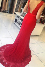 Load image into Gallery viewer, 2023 V Neck Mermaid Lace Prom Dresses With Sash Sweep Train