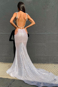 Sexy Deep V Neck Sequined Prom Dresses, Stunning Backless Mermaid Evening Dresses SRS15595