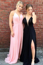 Load image into Gallery viewer, Simple Spaghetti Straps V-Neck Pink And Blue Long Flowy Prom Dresses