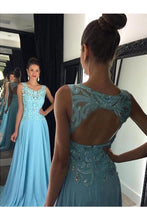 Load image into Gallery viewer, 2024 Chiffon Scoop Prom Dresses A Line With Applique And Beads Open Back