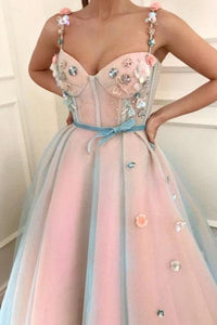 Stunning Applique A-Line Spaghetti Straps Tulle Sweetheart Prom Dresses with Belt SRS15434