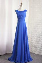 Load image into Gallery viewer, 2023 Chiffon Bateau A Line Prom Dress Ruffled And Beaded Sweep Train