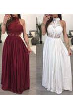 Load image into Gallery viewer, 2024 High Neck A Line Chiffon &amp; Lace Floor Length Prom Dresses