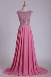 2024 Scoop Prom Dresses Cap Sleeves A Line With Beading Sweep Train