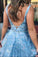 Elegant A Line Lace Appliques Blue V Neck Prom Dresses, Long Evening SRS20407