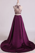 Load image into Gallery viewer, 2024 Two Pieces A Line Scoop Beaded Bodice Prom Dresses Satin &amp; Tulle Sweep Train Grape