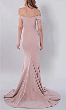 Load image into Gallery viewer, Blush Pale Pink Sexy Off the Shoulder Mermaid Charming Satin Sweep Train Prom Dresses RS163